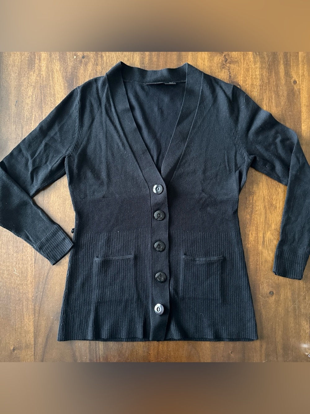 Vintage B. Moss Black Knit Cardigan Large Buttons Ribbed Bottom Pockets